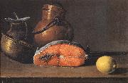 Luis Melendez Still Life with Salmon, a Lemon and Three Vessels oil painting